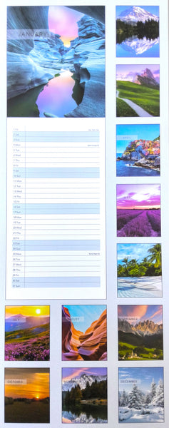 A vertical sheet of printed cards or a planner-style page featuring multiple landscape photographs and a central lined daily log. The images show colorful natural scenes including canyons, mountains, lakes, forests, and sunsets, arranged alongside blank rows for dates and notes.