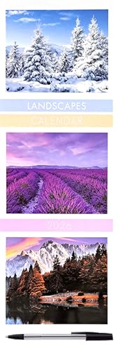A vertical collage showing three landscape-themed calendar pages or prints: a snowy pine forest under a blue sky, a purple lavender field under a pink-purple sky, and a mountain lake scene with autumn trees. The top page has the word 'LANDSCAPES' and the middle page has 'CALENDAR 2026' and '2026'.