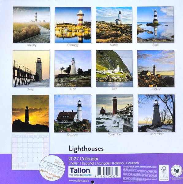 A 2027 wall calendar titled 'Lighthouses' by Tallon, featuring a grid of twelve lighthouse photographs with months labeled January through December. The calendar cover is white with a purple footer strip and includes small printed icons and text for specifications and certifications.