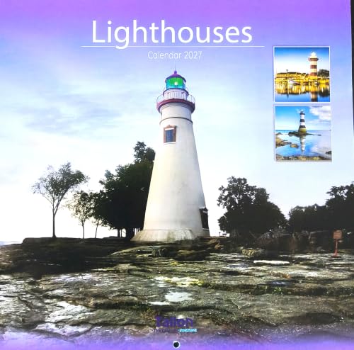 A 2027 lighthouse calendar cover featuring a large white lighthouse on a rocky shoreline under a pale sky, with a purple gradient border and two small inset lighthouse photos in the top right. The title 'Lighthouses' is printed at the top.
