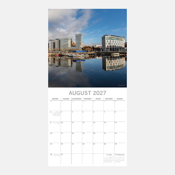 Liverpool Calendar page for August 2027 with a cityscape reflection in water on a white background