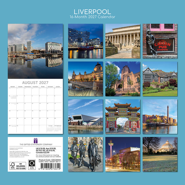 2027 Calendar cover for Liverpool featuring various landmarks and scenes on a blue background.