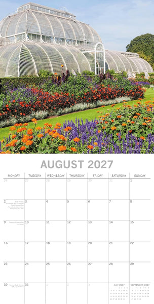 London Calendar page for August 2027 with a garden and greenhouse in the background