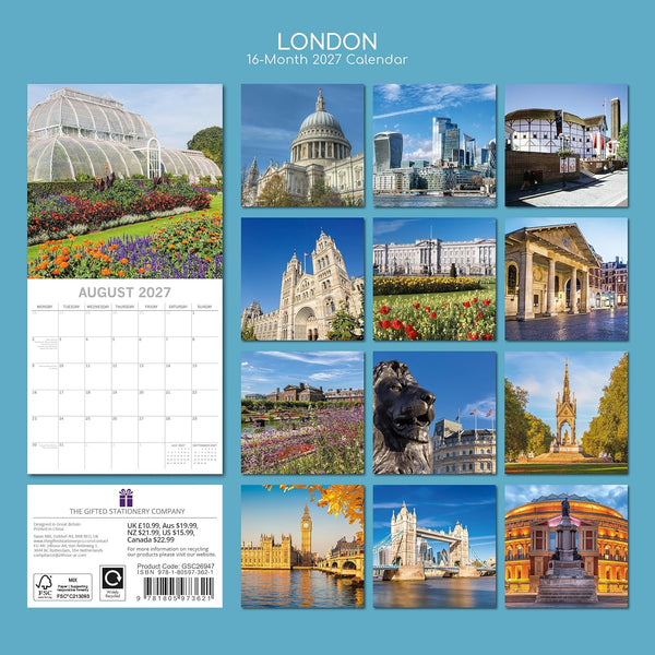 Calendar cover featuring scenic images of London with a blue background