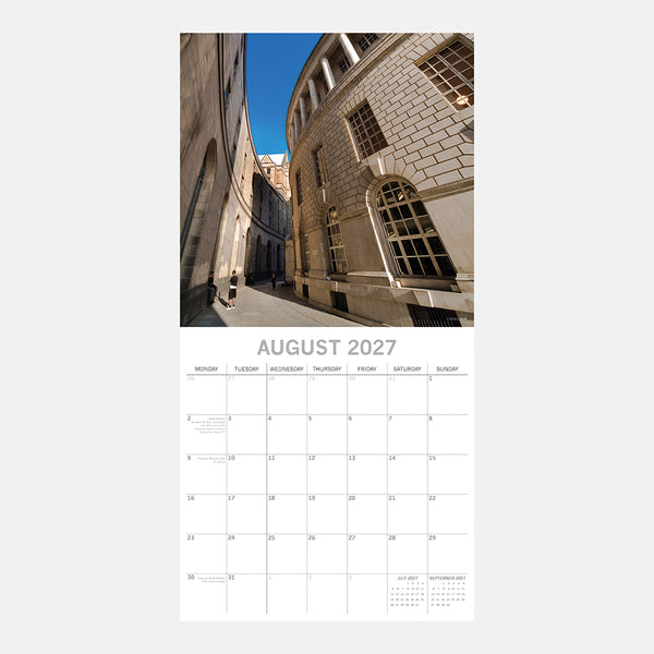 Manchester Calendar page for August 2027 with a photograph central library