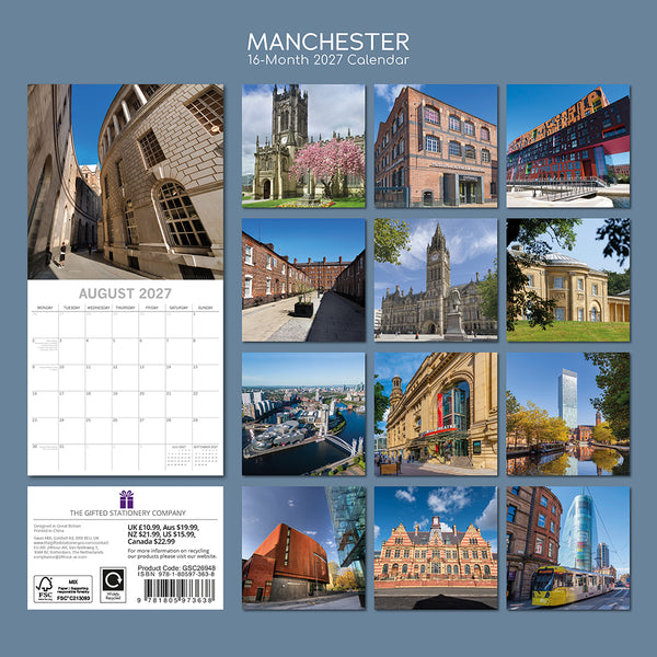 2027 Calendar cover featuring images of Manchester with a grid layout on a blue background.