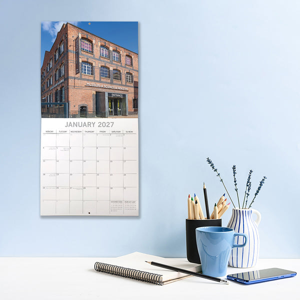 Manchester Calendar with January 2027 featuring The Museum of Science and Industry.