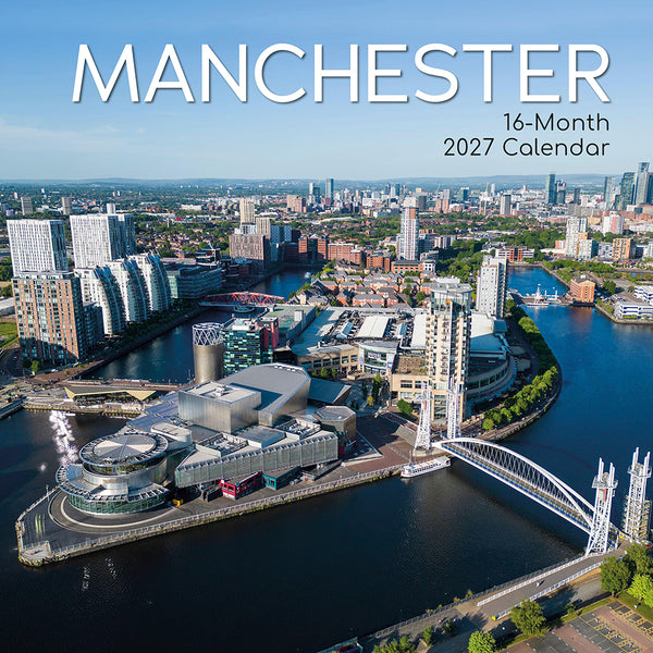 2027 Manchester Wall Calendar front page featuring Cityscape and Salford Quays