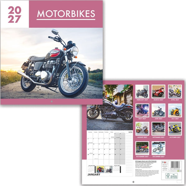 2027 Motorbikes Square Wall Calendar rear page showing 12 images of motorbikes.