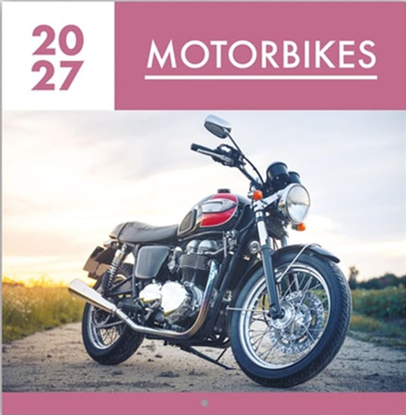 A classic red and black cruiser motorcycle parked on a dirt road during sunset, with a pink header at the top reading '2027 MOTORBIKES'.