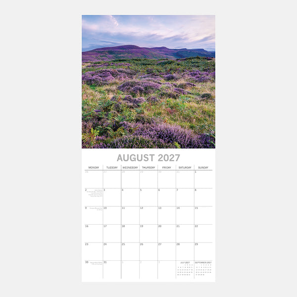 Northumberland Calendar page for August 2027 with a scenic landscape of lavender fields and mountains.