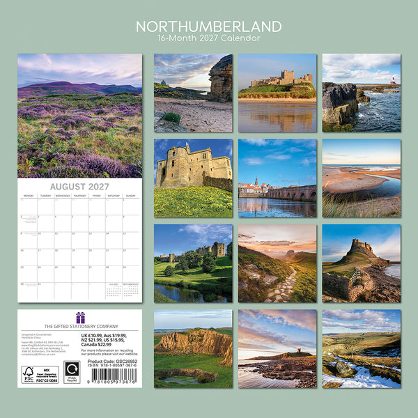 Northumberland calendar with scenic images on a light green background