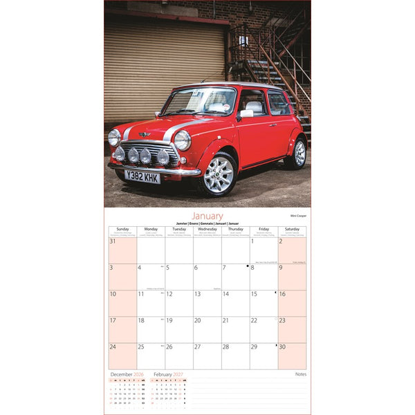 A vertical wall calendar page featuring a red classic Mini Cooper car photograph at the top and a January calendar grid below on a white background.