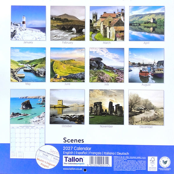 Back cover of a 2027 calendar titled 'Scenes' showing a 12-month grid of landscape photographs with labeled months, plus a small calendar page sample and the Tallon brand area at the bottom.