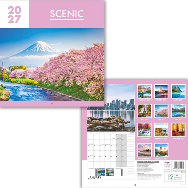 A scenic 2027 wall calendar shown from the front and back. The front cover features a pink header with 'SCENIC' and '2027', above a landscape photo of Mount Fuji with pink cherry blossoms and a river.