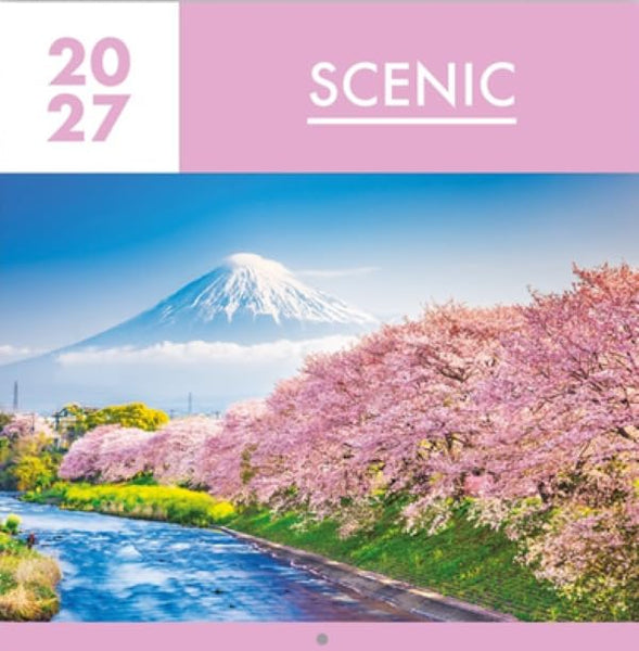 A square scenic print or poster featuring a Japanese landscape with Mount Fuji, pink cherry blossoms, a blue river, and a pink-and-white header reading '2027 SCENIC'.