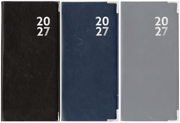 Three planner covers shown side by side on a white background, labeled 2027 in white text. The left cover is black, the middle is dark blue, and the right is gray.