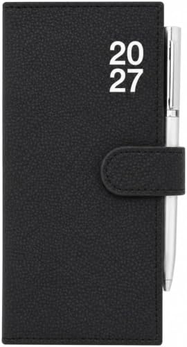 A black 2027 PVC Diary Week to View with a strap closure, featuring the year '2027' printed in white on the front and a silver pen clipped on the right side.