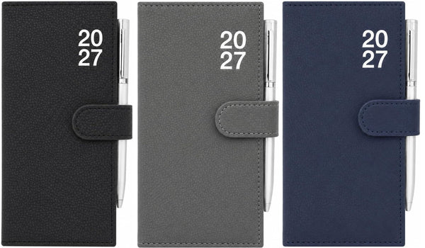 Three slim lplanner covers shown side by side on a white background: black, dark gray, and navy blue. Each cover has a snap tab closure, a pen loop with a silver pen attached, and the white printed text '2027' near the top.pvc 