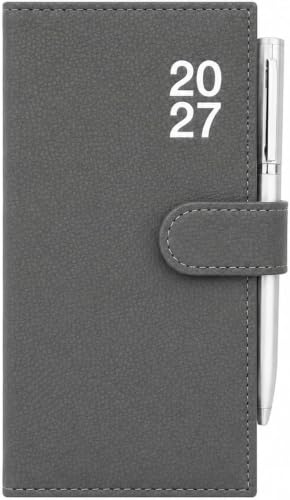 A gray textured PVC Diary with a strap closure, featuring the white printed numbers '20 27' on the front and a silver pen tucked into the side pocket.