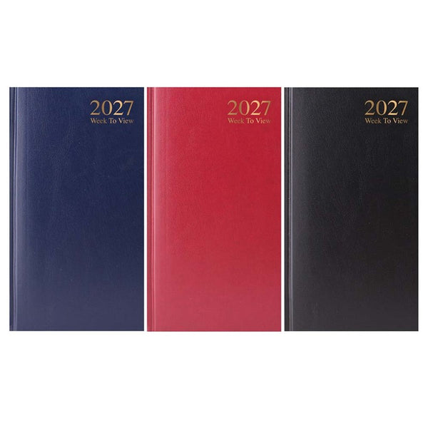 Three hardcover 2027 weekly view planners side by side in navy blue, red, and black, each with gold foil text reading '2027 Week To View' on a white background.