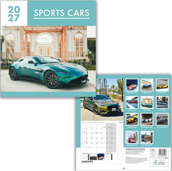 A 2027 sports cars wall calendar shown from two angles: the front cover featuring a teal sports car in front of a grand building, and the interior page layout with monthly grids and small car photos on a teal background.