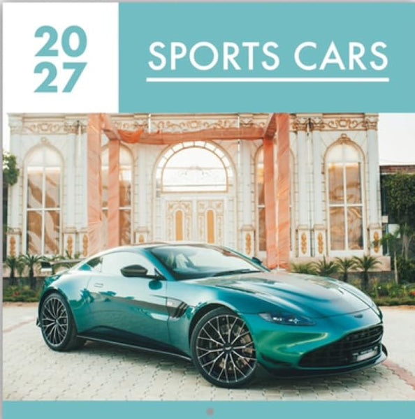 A teal sports car parked in front of an ornate building, with a teal banner at the top reading '2027 SPORTS CARS'.