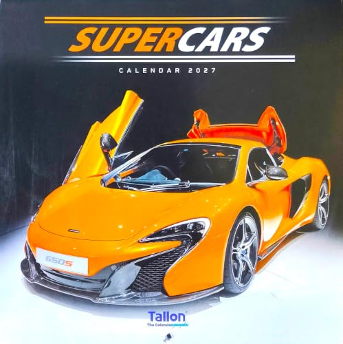 A 2027 wall calendar titled 'SUPERCARS' featuring a bright orange sports car with open dihedral doors on the cover, photographed against a dark studio background with a white floor.