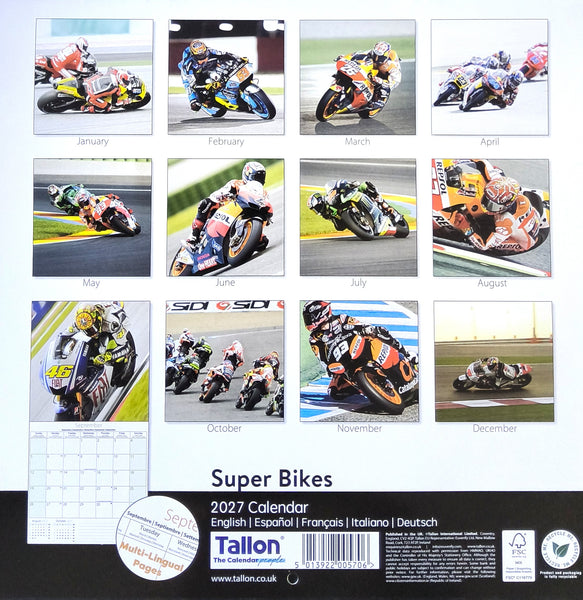A 2027 wall calendar titled 'Super Bikes' showing a 12-month grid of motorcycle racing photos, with a black footer containing product details and the Tallon brand logo.