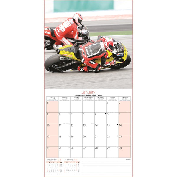 A vertical wall calendar page featuring a motorcycle racing photograph at the top and a January calendar grid below on a white page.