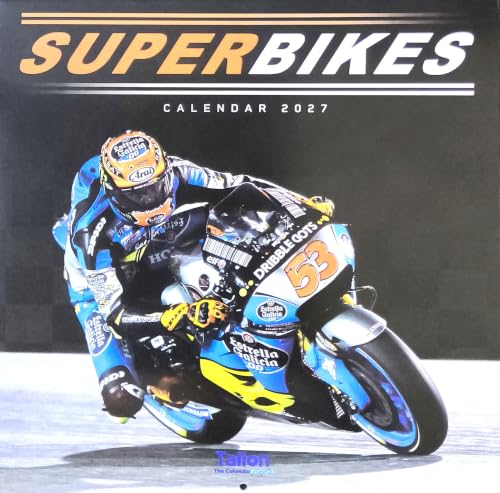 A 2027 wall calendar titled 'SUPERBIKES' featuring a dynamic photograph of a motorcycle racer leaning heavily on a blue, yellow, and black racing bike on a dark background.