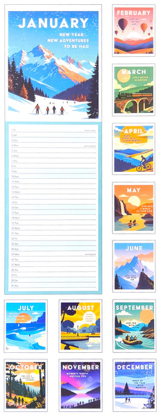 A vertical travel poster-style calendar page showing the months from January to December in a retro illustrated layout, with a lined writing area in the center. The designs feature scenic landscapes and travel-themed graphics in many colors.