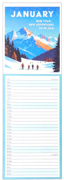 A January calendar page with a vintage-style winter mountain illustration at the top and lined writing space for daily notes below.