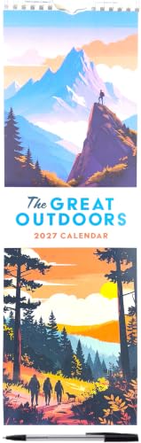 The Great Outdoors 2027 wall calendar featuring two colorful landscape illustrations: a mountain peak with a silhouetted hiker and a forest path with three hikers under a sunset sky.