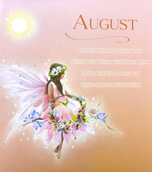 August-themed art print featuring a fairy with translucent pink wings, a flower crown, and a floral skirt, set against a warm peach background with a glowing sun and decorative text.