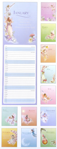 A pastel fairy-themed monthly planner page set with a large January cover and twelve smaller monthly pages shown beside it. The pages feature soft lavender, pink, blue, green, and peach backgrounds with illustrated fairies, flowers, and decorative text blocks for writing tasks and reflections.