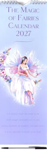 A spiral-bound 2027 calendar titled 'The Magic of Fairies Calendar 2027' featuring an illustration of a fairy in a white dress with pastel wings and flowers, on a pale lavender background.