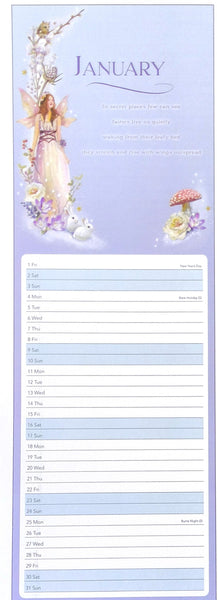 A January planner page with a pastel lavender and blue fantasy illustration of a fairy, flowers, and a mushroom, above a lined monthly calendar grid.