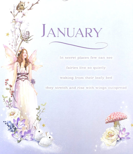 A whimsical January-themed illustration with the word 'JANUARY' in large purple text, accompanied by a fairy in a pale dress, small white rabbits, flowers, a mushroom, and a soft pastel background with a quote about fairies.