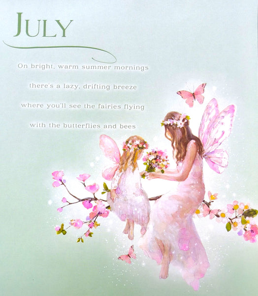 A watercolor-style art print featuring two fairy children and an adult fairy in soft pink dresses among blossoms and butterflies, with the word JULY and a short summer poem at the top on a pale mint background.
