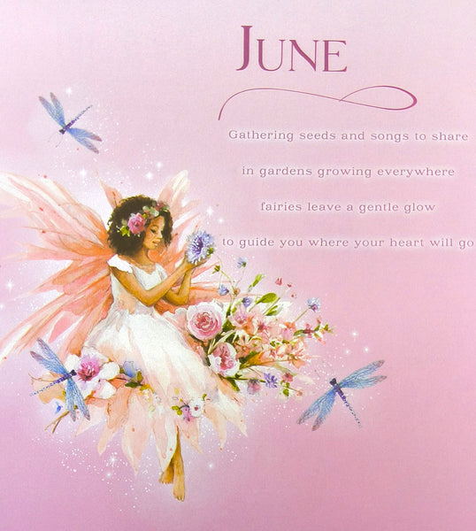 A pink decorative print or card featuring an illustrated fairy in a white dress with pastel wings, surrounded by flowers, dragonflies, and the word 'JUNE' with a short poem. No person or real environment is present, so this is not Lifestyle; it is best treated as Product/Packaging because the artwork itself appears to be the product design.