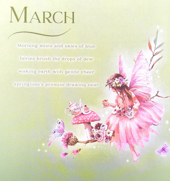 A pastel art print featuring a pink fairy with wings and a floral crown sitting on a branch beside a mushroom, with the word “MARCH” and a short poem printed on a soft green background.
