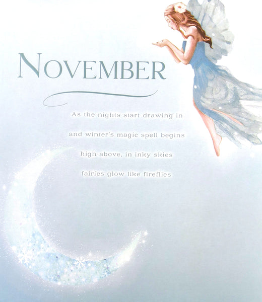 A square art print or book cover featuring a whimsical winter illustration. The left side has the word 'NOVEMBER' in large serif letters above a glowing crescent moon and snowflakes in pale icy blue.