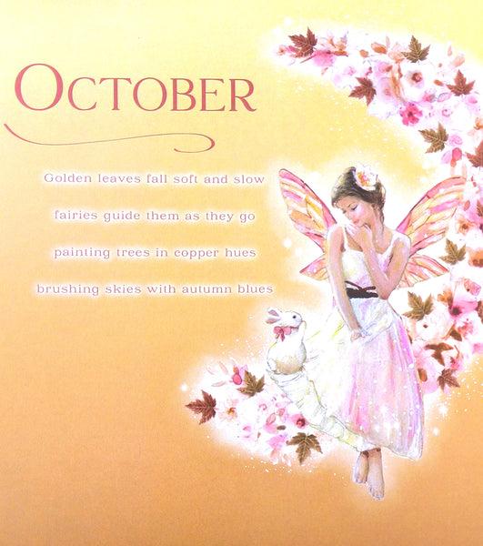 An illustrated October-themed print with the word 'OCTOBER' at the top, a soft peach-to-yellow gradient background, floral elements, and a fairy holding a rabbit. The artwork appears to be the product itself rather than a photo of a physical object in a real environment, so subject_type is Scenery.