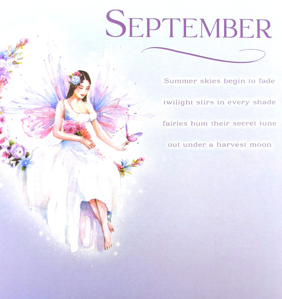 A soft pastel artwork featuring a fairy in a white gown with pink and purple wings, seated beside flowers and a butterfly, with the word 'SEPTEMBER' and a short poem printed on a pale lavender background.