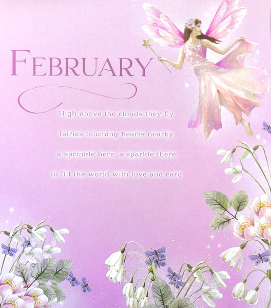 A pink February-themed decorative print featuring a fairy with translucent wings holding a wand, floral illustrations along the bottom and sides, and the word 'FEBRUARY' with a short poem on a soft lavender-pink background.