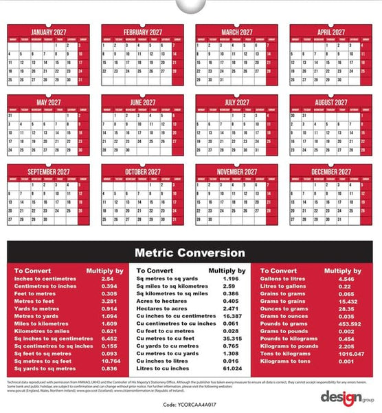 A printed calendar-style chart showing the months of 2027 in red header blocks above a large black section titled 'Metric Conversion' with conversion tables and factors.