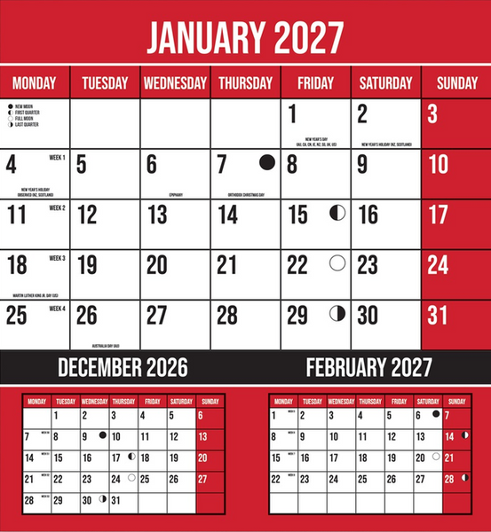A three month to viecw alendar layout showing January 2027, December 2026, and February 2027 in a red, white, and black design. The top section is January 2027 with days of the week across the top and dates arranged in a grid.