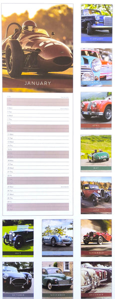 A tall printed calendar featuring a large January cover photo of a vintage race car, a blank lined writing area in the center, and multiple small car photos arranged along the right side.
