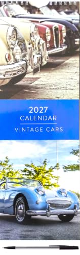 A 2027 wall calendar titled 'Vintage Cars' featuring a blue band across the center and photos of classic cars, including a light blue convertible and a cream car with chrome details.